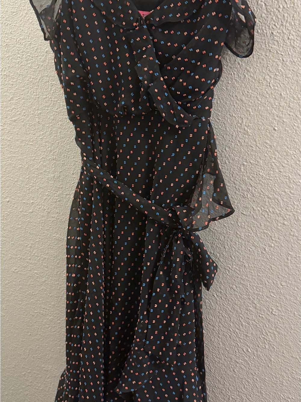Betsey Johnson Black Sheer Ruffle Dress Size 12 Multicolor Print Sleeveless